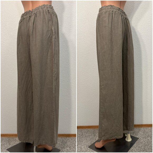 Made in Italy 100% Linen Meo Meli Elastic Waist Grey Beige Pants - Picture 4 of 9